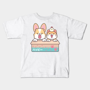 Cute Corgi and Cat in Apple Box Kids T-Shirt